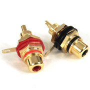 Pair of insulated RCA female chassis bases, gold plated, color ring marker (red and black)
