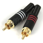 Pair of gold-plated male RCA plug, color ring marker (red and black), black body, for cable max diameter 7 mm