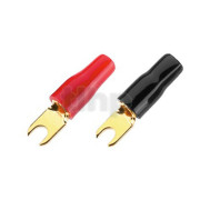 Set of four insulated and marked 4.2 mm steel gold-plated fork lugs (2 red, 2 black), solder, for conductor up to 16 mm² (diameter 5.5 mm), internal fork spacing 4.2 mm