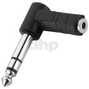Right-angled 3.5 mm female stereo mini-jack to 6.3 mm male stereo jack adapter, black plastic body