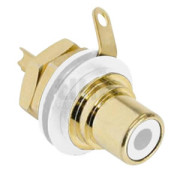 RCA 2-pole female chassis connector, REAN NYS367-9, white, black shell, gold plated contacts