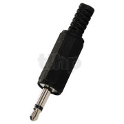 Mono black plastic male 3.5 mm mini-Jack plug , shielding and cable bending protection, for 5 mm diameter cable