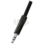Stereo metal male 3.5 mm mini-Jack plug, black anodised, shielding and cable bending protection, for 3.6 mm diameter cable