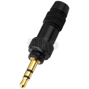 Stereo black metal male 3.5 mm mini-Jack plug , with screw lock, gold-plated contacts, for 4.2 mm diameter cable, suitable for transmitters  with 7.9 mm inside thread