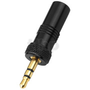Stereo black metal male 3.5 mm mini-Jack plug , with screw lock, gold-plated contacts, for 4.2 mm diameter cable, suitable for transmitters  with 5.9 mm outside thread
