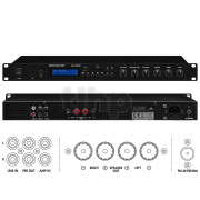 1U stereo amplifier for 19 inch rack, 2 x 70w / 4ohm, with remote control, MP3 player, Bluetooth receiver, FM receiver, USB interface and SD / MMC card support, 482x245x44 mm