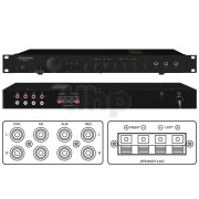 Universal 1U stereo mixer amplifier for 19 inch rack, 2 x 25w/4ohm, with karaoke function, vocal partner and recording output, 432x275x45 mm