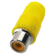 RCA female plastic plug, chromium-plated, yellow body, for 5 mm diameter cable