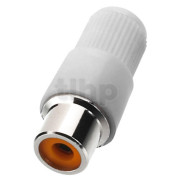 RCA female plastic plug, chromium-plated, white body, for 5 mm diameter cable