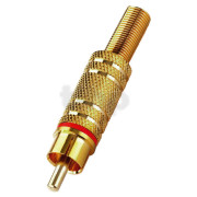 Gold-plated RCA male plug, red ring, with cable protection system, for cable diameter 5.9 mm