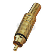Gold-plated RCA male plug, black ring, with cable protection system, for cable diameter 7 mm
