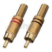Pair of gold-plated RCA male plug, black/ redg, with cable protection system, for cable diameter 7 mm
