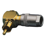 RCA male gold-plated plug, right angle, solderless, for cable diameter 8.2 mm