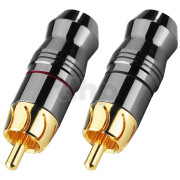 Pair of high-end male RCA plugs, red / black markings, gold-plated, PVC insulation, for cable diameter 8 mm, with clamping system on the cable