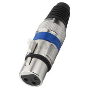 XLR female metal plug, 3 poles, blue ring, nickel contacts, cable entry diameter 7 mm