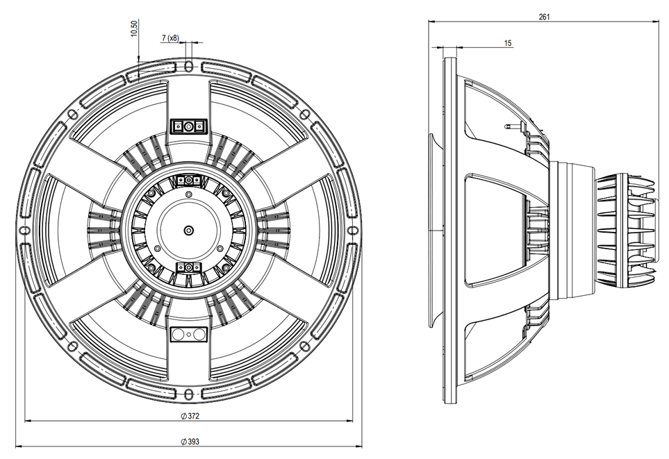 drawing & mounting du triaxial driver B&C Speakers Triaxial speaker B&C Speakers 15HTX100, 8+8+8 ohm, 15 inch
