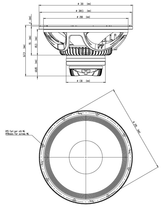 Image Drawing & Mounting coaxial driver with two entries Eighteen Sound 18 Sound 12NCX750 coaxial speaker, 8+8 ohm, 12 inch
