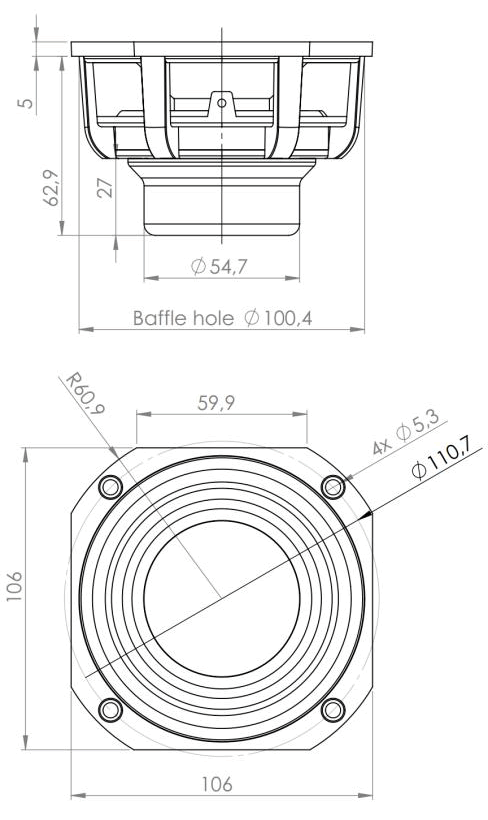 Image Drawing & Mounting cone driver .Kartesian Speaker Kartesian Lom120_vPA, 8 ohm, 106 x 106 mm