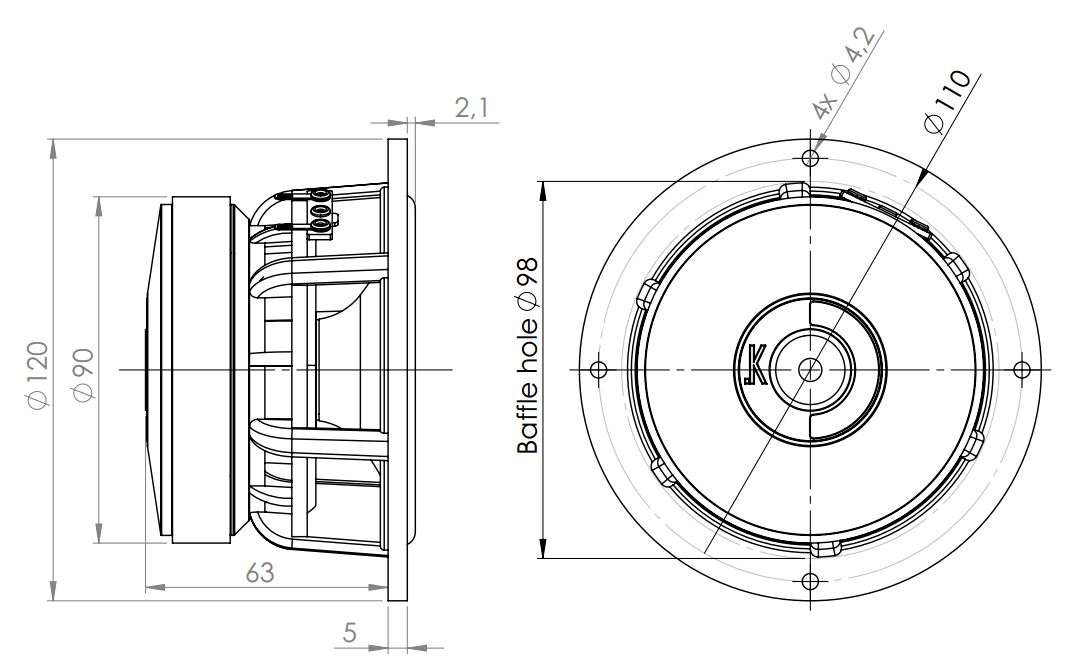 drawing & mounting du cone driver .Kartesian Speaker Kartesian Wib120_vHE, 8 ohm, 120 mm