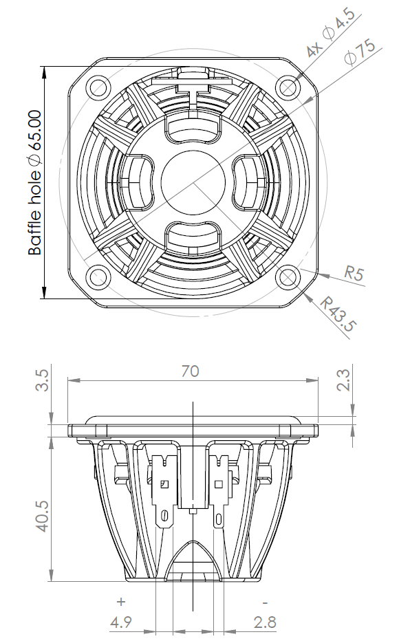 drawing & mounting du cone driver .Kartesian Fullrange speaker Kartesian Wib70_vHP, 8 ohm, 70 x 70 mm