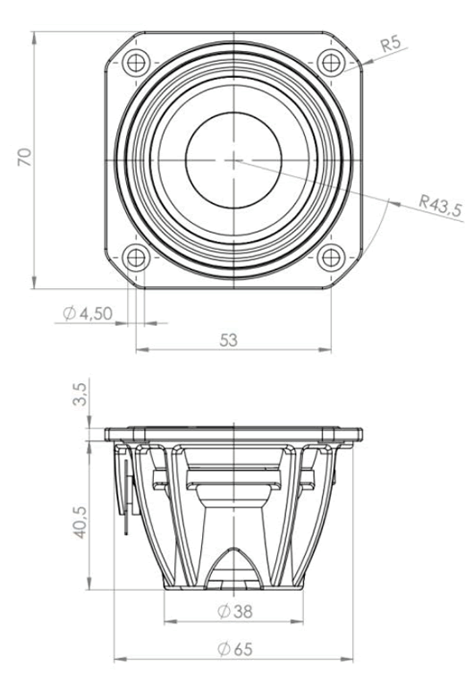 Image Drawing & Mounting cone driver .Kartesian Fullrange speaker Kartesian Wib70_vPA, 8 ohm, 70 x 70 mm