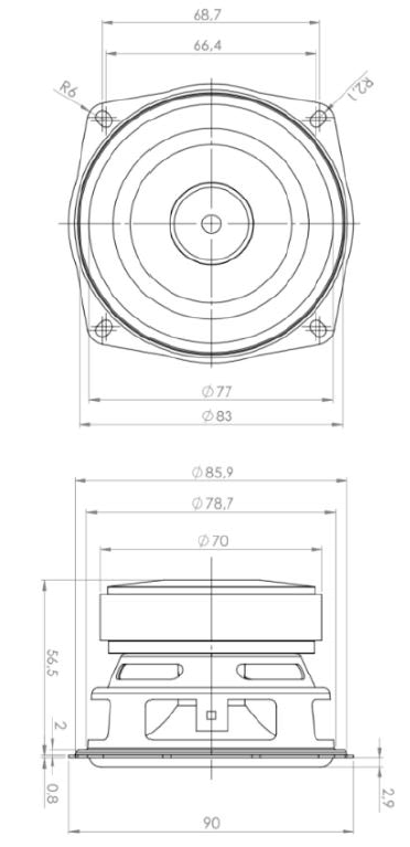 Image Drawing & Mounting cone driver .Kartesian Fullrange speaker Kartesian Wib90_vHP, 8 ohm, 3.5 inch