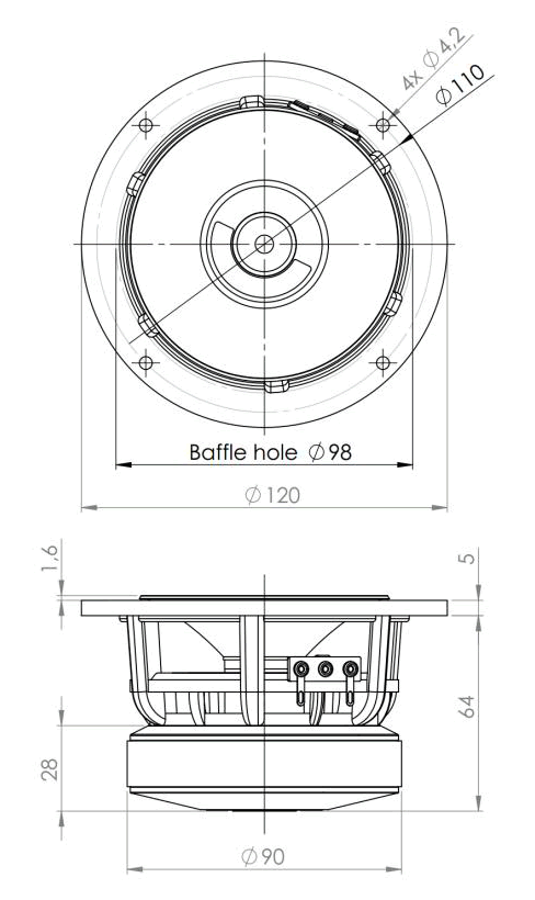 Image Drawing & Mounting cone driver .Kartesian Speaker Kartesian Wom120_vMS, 8 ohm, 120 mm