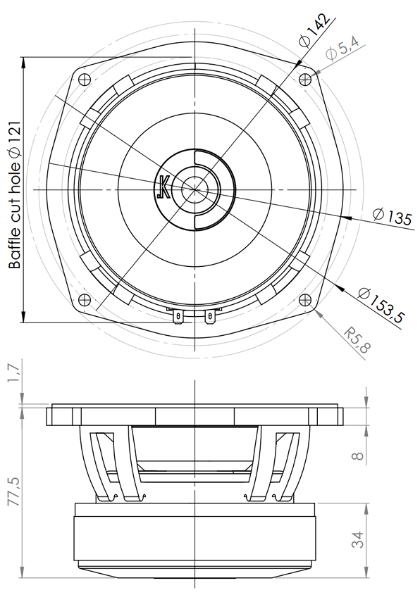 drawing & mounting du cone driver .Kartesian Speaker Kartesian Wom135_vPA-S, 8 ohm, 5 inch