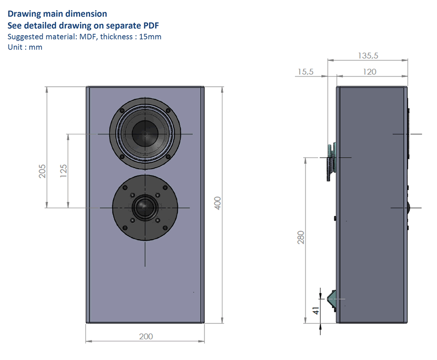 Image Drawing & Mounting (2/2) loudspeaker kit .Kartesian Flat speaker kit Kartesian Kompacte_4 with speakers and passive crossover, bornier, amortissement and vis (sans caisse)
