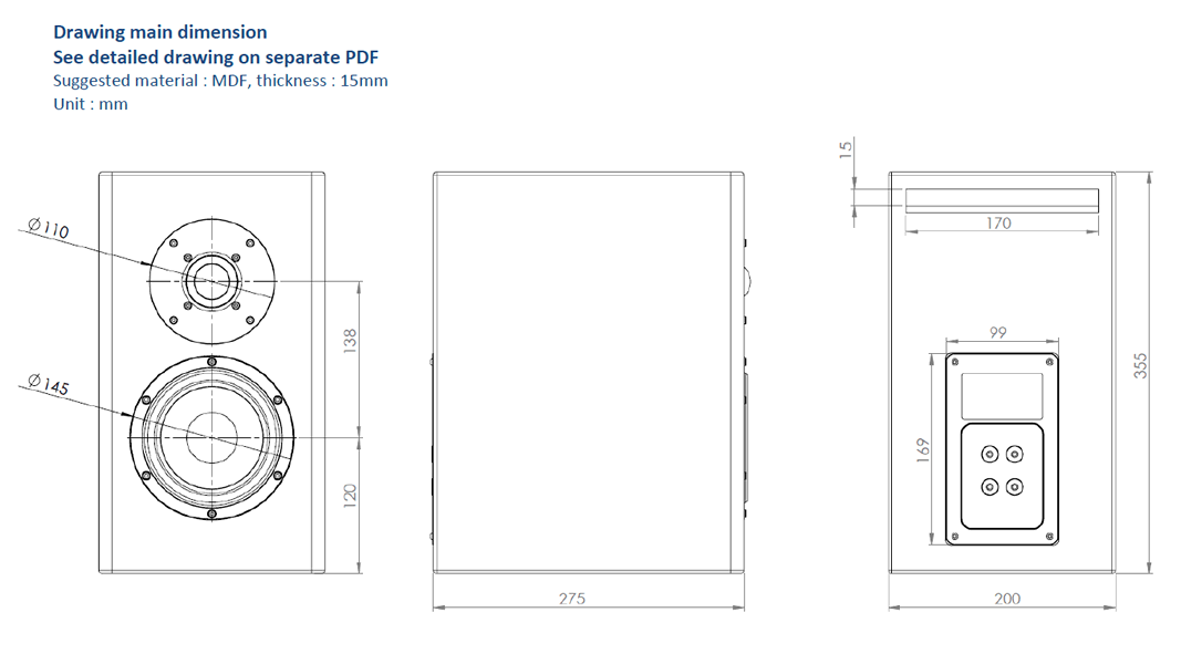 Image Drawing & Mounting (2/2) loudspeaker kit .Kartesian Bookshlef speaker kit Kartesian Korpus_5 with speakers and passive crossover, bornier, amortissement and vis (sans caisse)