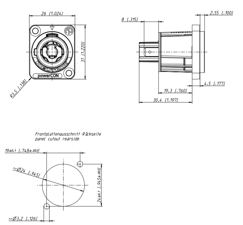 drawing & mounting du electric chassis Neutrik Neutrik NAC3MPXXA, lockable powerCon chassis, blue, 16A / 250VAC, for power-in
