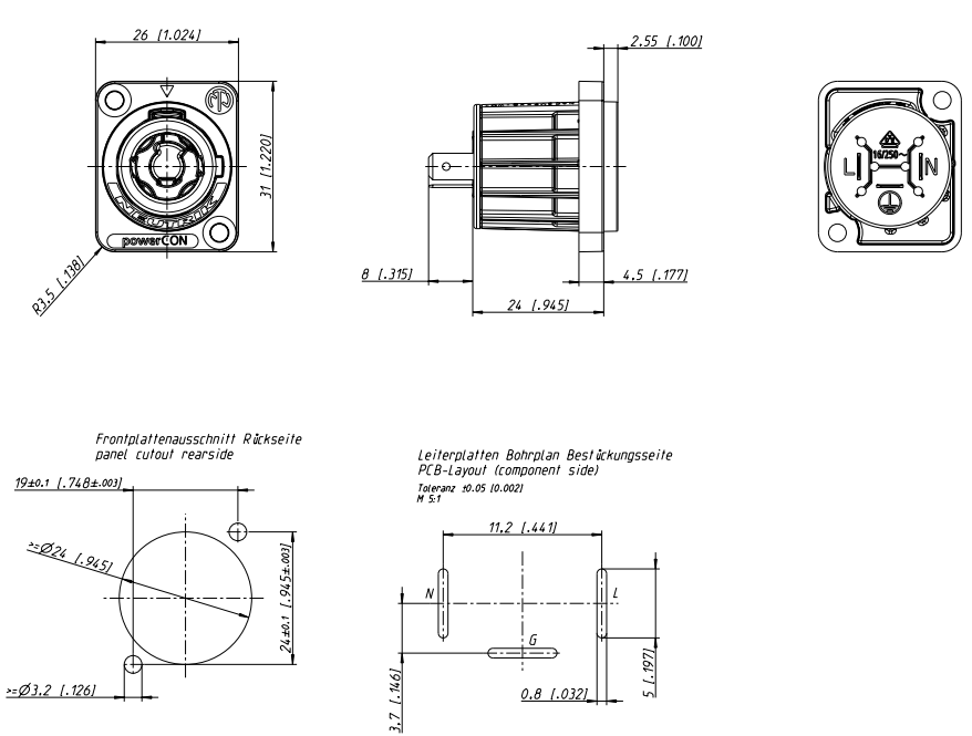 drawing & mounting du electric chassis Neutrik Neutrik NAC3MPXXB-WOT, lockable powerCon chassis, grey, 16A / 250VAC, for power-in with PCB