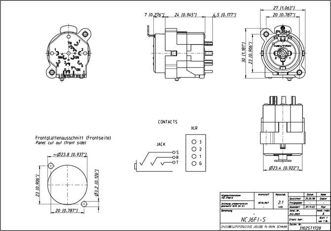 drawing & mounting du xlr socket Neutrik Neutrik NCJ6FI-S, hybrid female chassis combining 3 pole XLR + 1/4