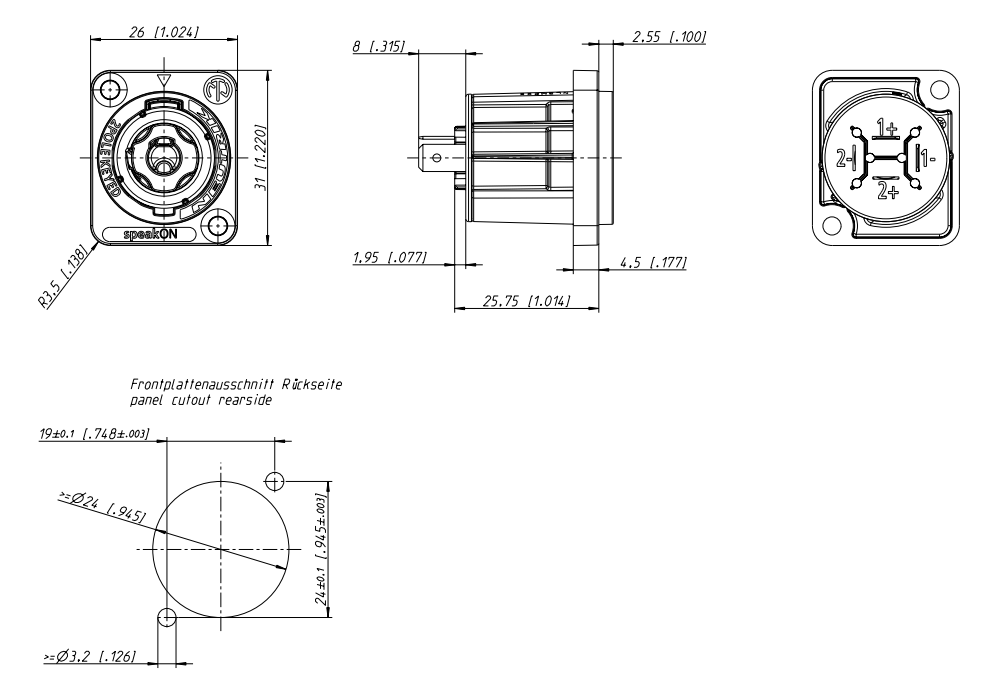 drawing & mounting du speakon socket Neutrik Neutrik NL2MPXX, 2 pole male Speakon chassis, silver contacts