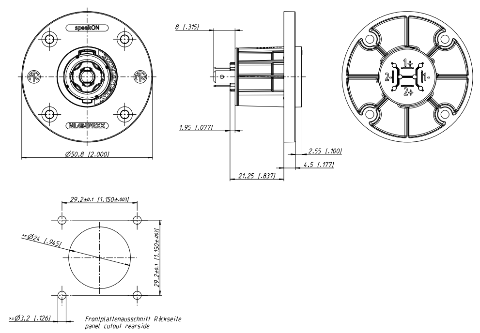 Image Drawing & Mounting speakon socket Neutrik Neutrik NL4MPRXX, 4 pole male Speakon chassis, silver contacts, G-shape