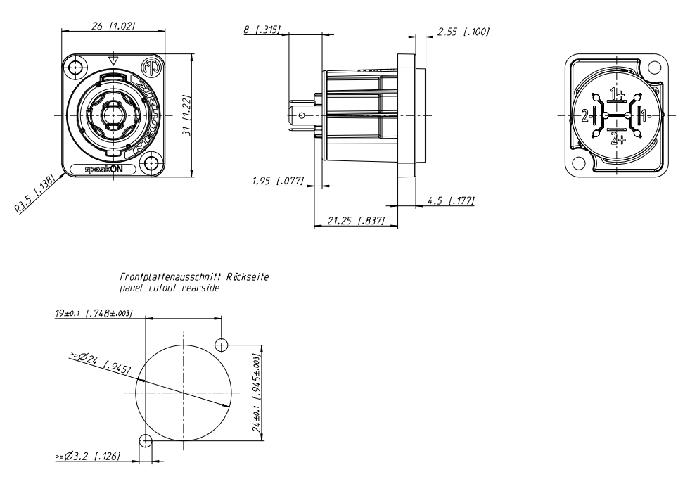 drawing & mounting du speakon socket Neutrik Neutrik NL4MPXX, 4 pole male Speakon chassis, silver contacts, D-shape