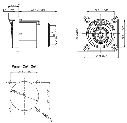 drawing & mounting du speakon socket Neutrik Neutrik NLT4FP, 4 pole female Speakon chassis, metal housing, bronze contacts, D-shape