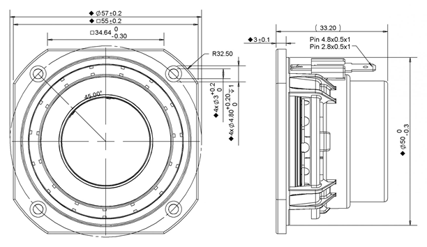 Image Drawing & Mounting cone driver Peerless Speaker Peerless PLS-P830970, 4 ohm, 2.17 x 2.17 inch