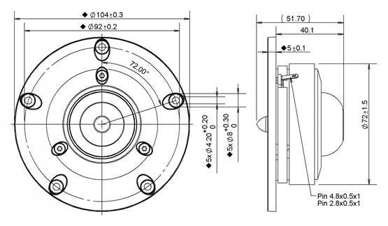Image Drawing & Mounting dome tweeter Peerless Dome tweeter Vifa XT25TG30-04, 4 ohm, 1 inch voice coil
