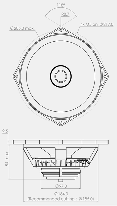 drawing & mounting du cone driver PHL Audio Coaxial speaker PHL Audio 2534MdN, 16 ohm, 8 inch (without compression driver)