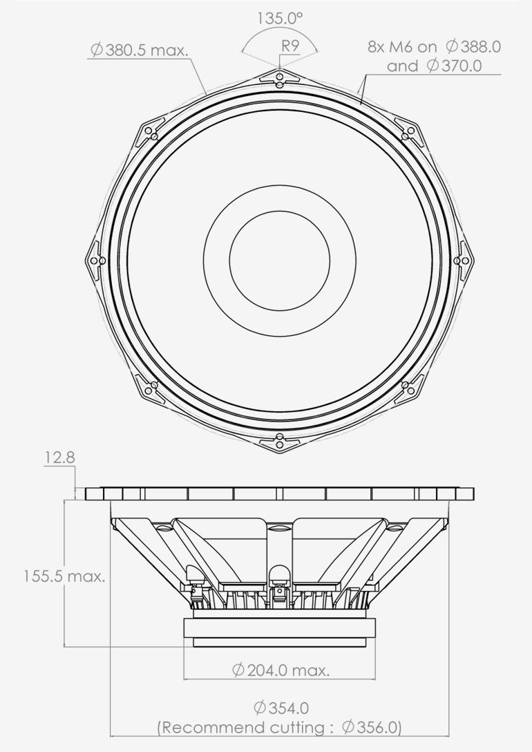 drawing & mounting du cone driver PHL Audio Speaker PHL Audio 5051M, 8 ohm, 15 inch