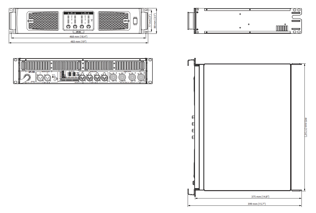 drawing & mounting du amplifier RCF 4-way amplifier RCF QPS 10K, 4 x 2500 WRMS at 2 ohm