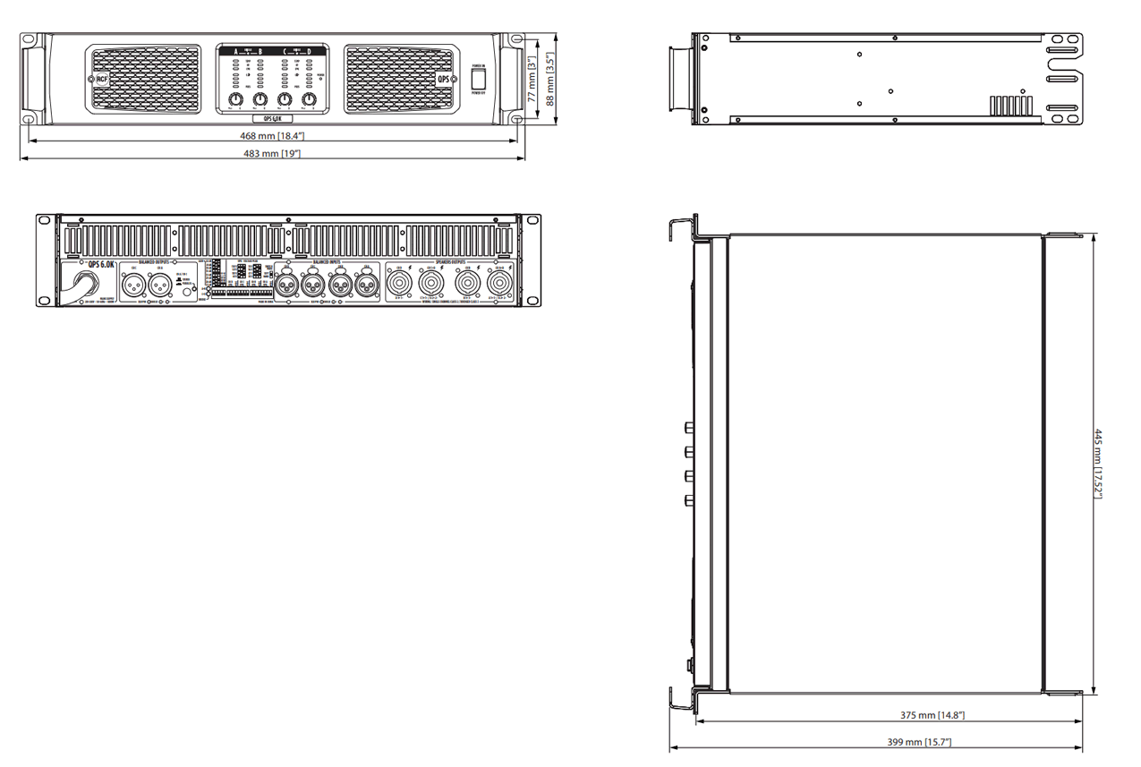 drawing & mounting du amplifier RCF 4-way amplifier RCF QPS 6.0K, 4 x 1500 WRMS at 2 ohm