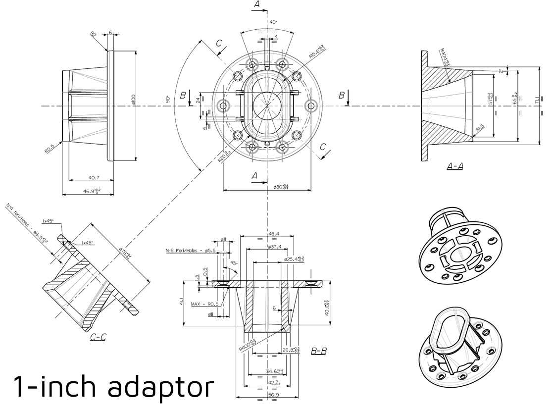 Image Drawing & Mounting (2/3) horn RCF Horn RCF HF94 (90x40°), throat 1.0 / 1.4 inch, front 9.84 x 9.84 inch
