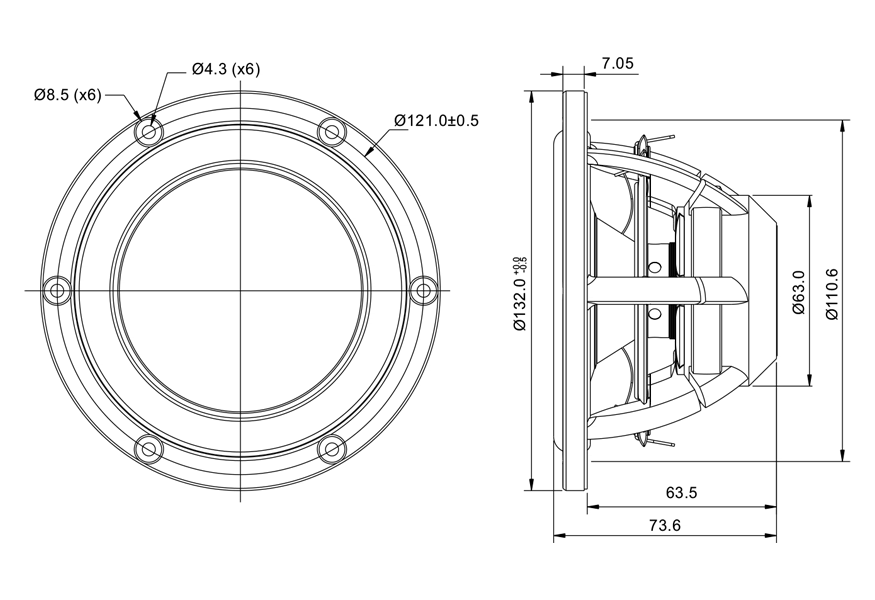 drawing & mounting du cone driver SB Acoustics Speaker SB Acoustics Satori MW13TX-4, impedance 4 ohm, 5 inch