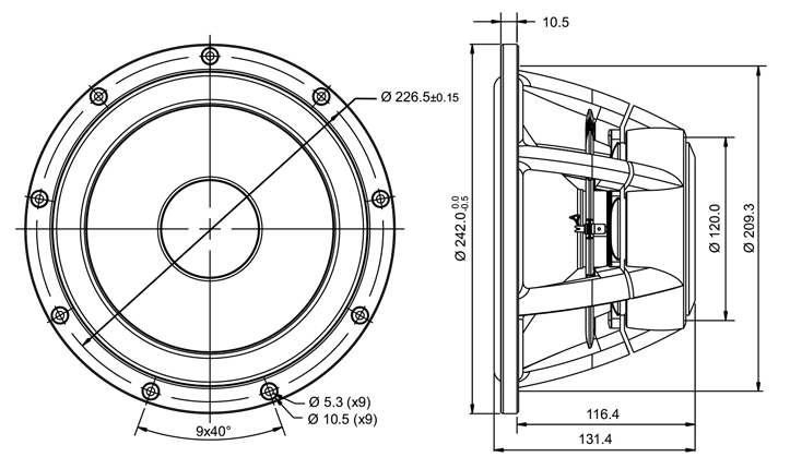 Image Drawing & Mounting cone driver SB Acoustics Speaker SB Acoustics Satori WO24P-4, impedance 4 ohm, 9.5 inch