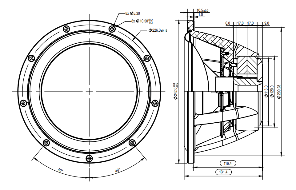Image Drawing & Mounting cone driver SB Acoustics Speaker SB Acoustics Satori WO24TX-8, impedance 8 ohm, 9.5 inch