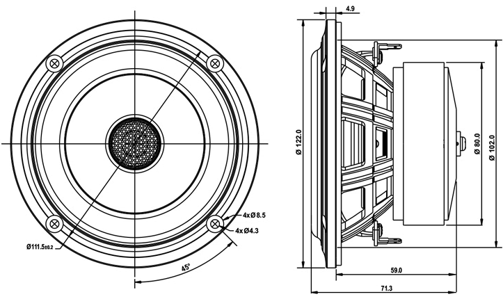 Image Drawing & Mounting coaxial driver with two entries SB Acoustics Coaxial speaker SB Acoustics SB12PFCR25-4-COAX, impedance 4+4 ohm, 4 inch