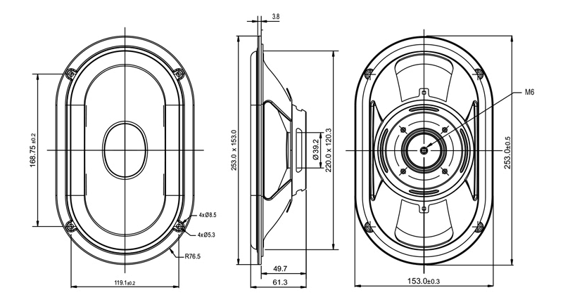 drawing & mounting du passive driver SB Acoustics Speaker passif SB Acoustics SB15SFCR-00, 5 x 8 inch