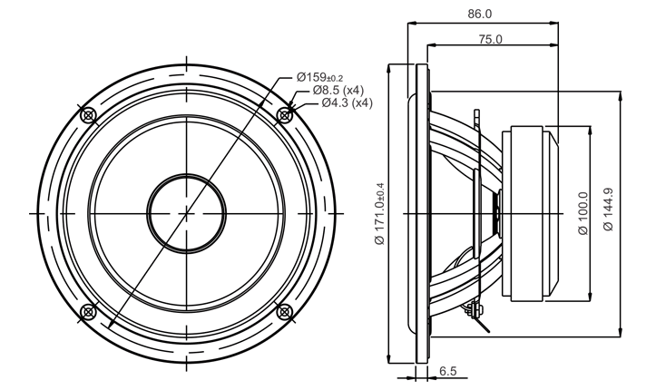 Image Drawing & Mounting cone driver SB Acoustics Speaker SB Acoustics SB17MFC35-4, impedance 4 ohm, 6 inch